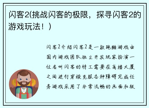 闪客2(挑战闪客的极限，探寻闪客2的游戏玩法！)